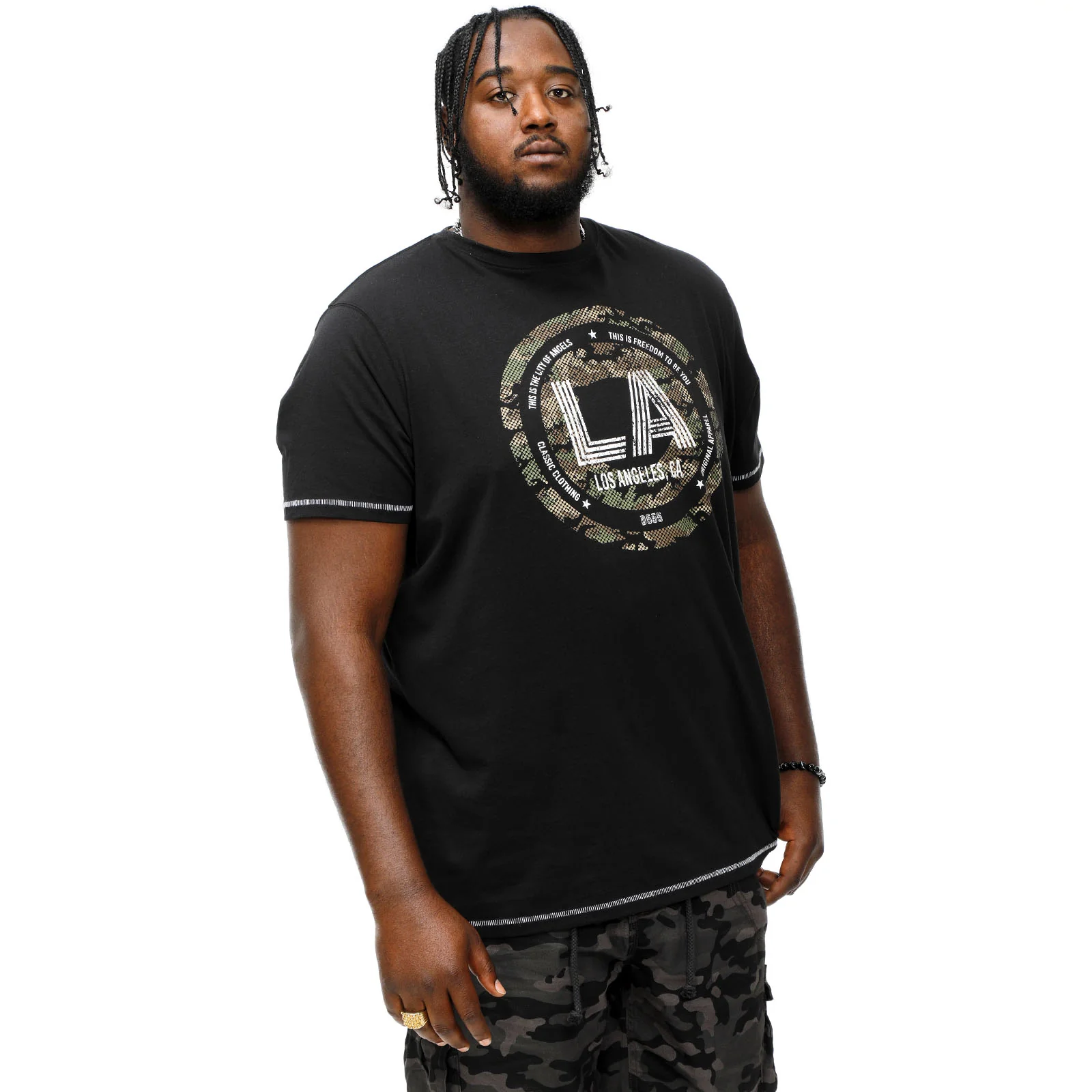 D555 Mens Benny Big & Tall LA Camo Printed Short Sleeve T-Shirt - Black - Image 2