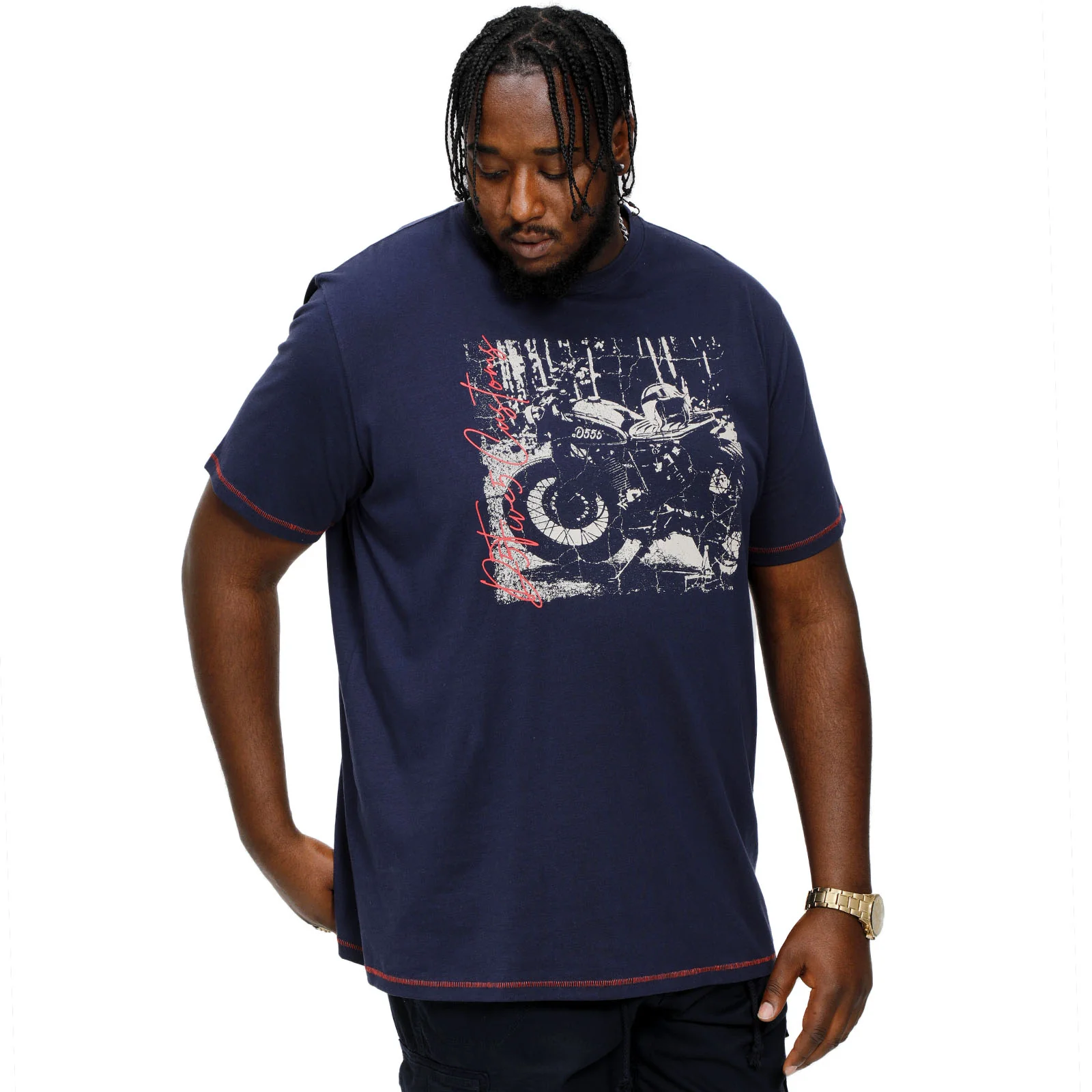 D555 Mens Bronson Big & Tall Customs Motorbike Print T-Shirt - Navy - Image 2