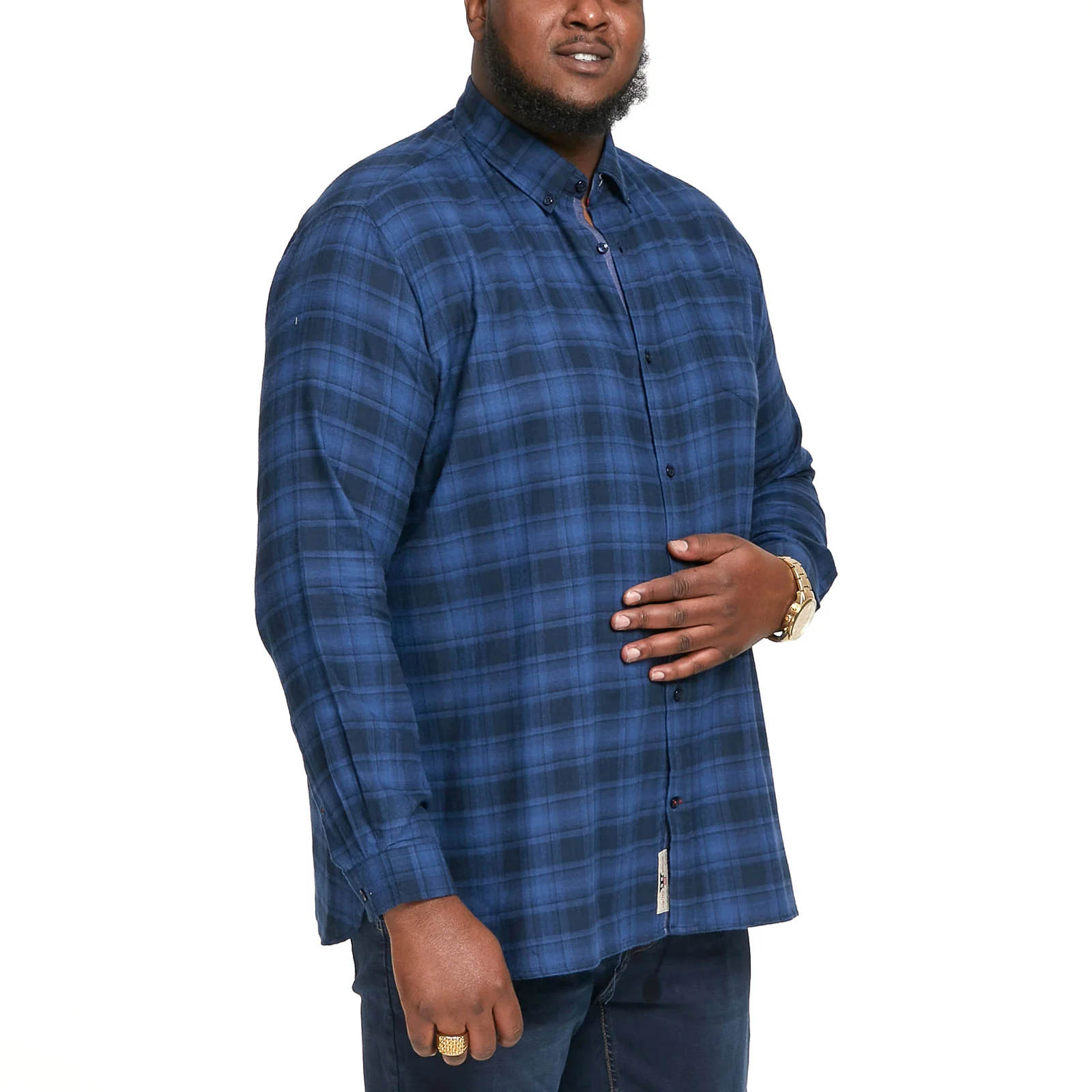 D555 Mens Bruce Big & Tall Long Sleeve Flannel Check Denim Shirt - Blue - Image 3