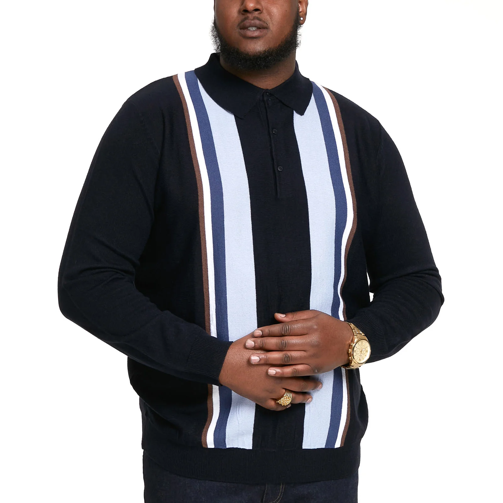 D555 Mens Darley Big Tall Long Sleeve Knitted Polo Shirt - Navy - Image 2