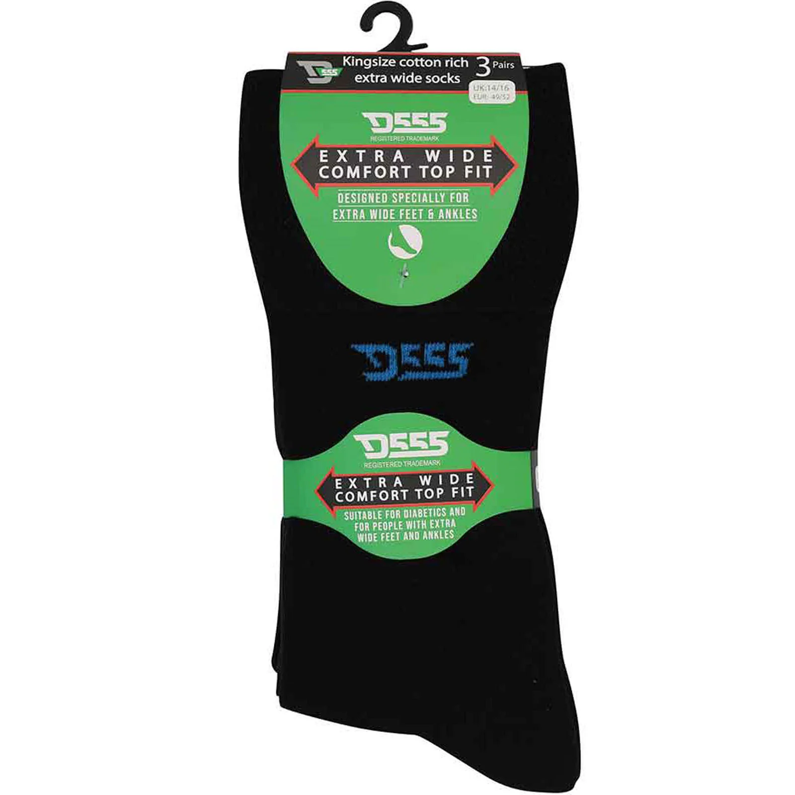 D555 Mens Harold 3 Pack Extra Wide Comfort Fit Crew Length Socks - Black - Image 2