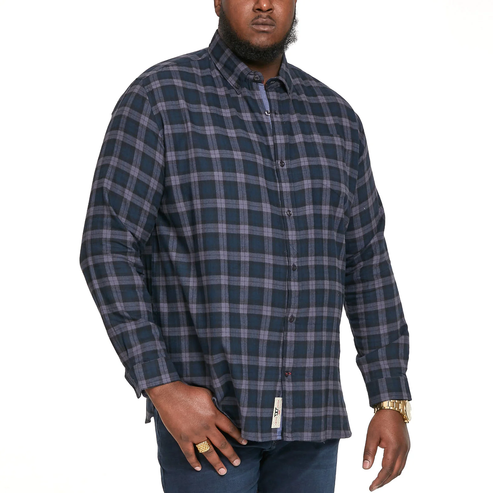 D555 Mens Luton Big & Tall Long Sleeve Flannel Check Denim Shirt - Navy - Image 4