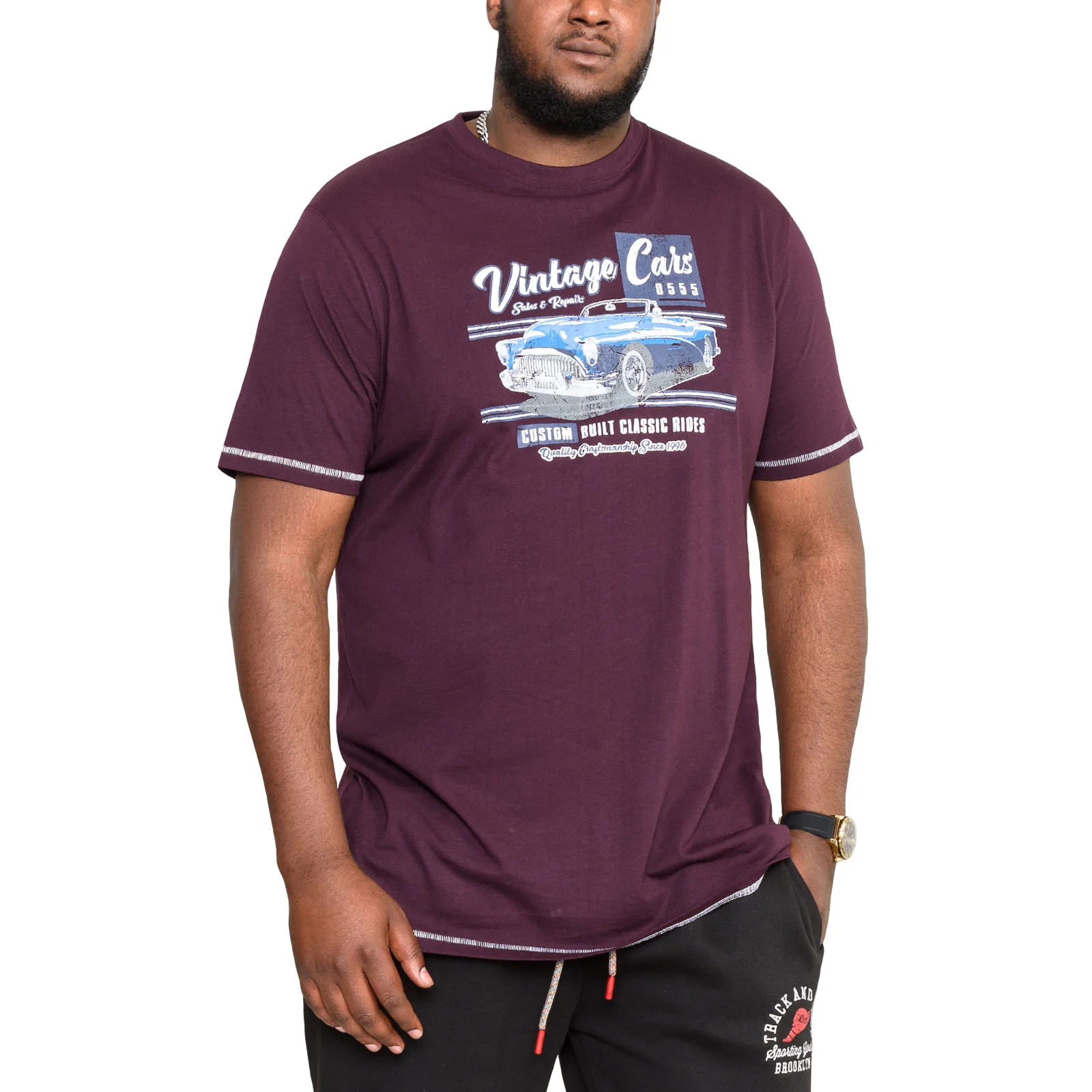 Duke D555 Mens Buckhurst Big & Tall Vintage Cars Print T-Shirt - Burgundy