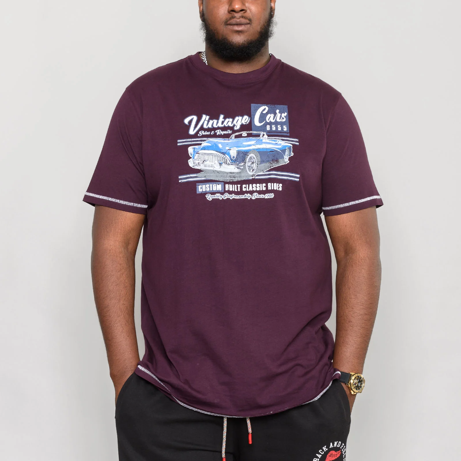 Duke D555 Mens Buckhurst Big & Tall Vintage Cars Print T-Shirt - Burgundy - Image 2