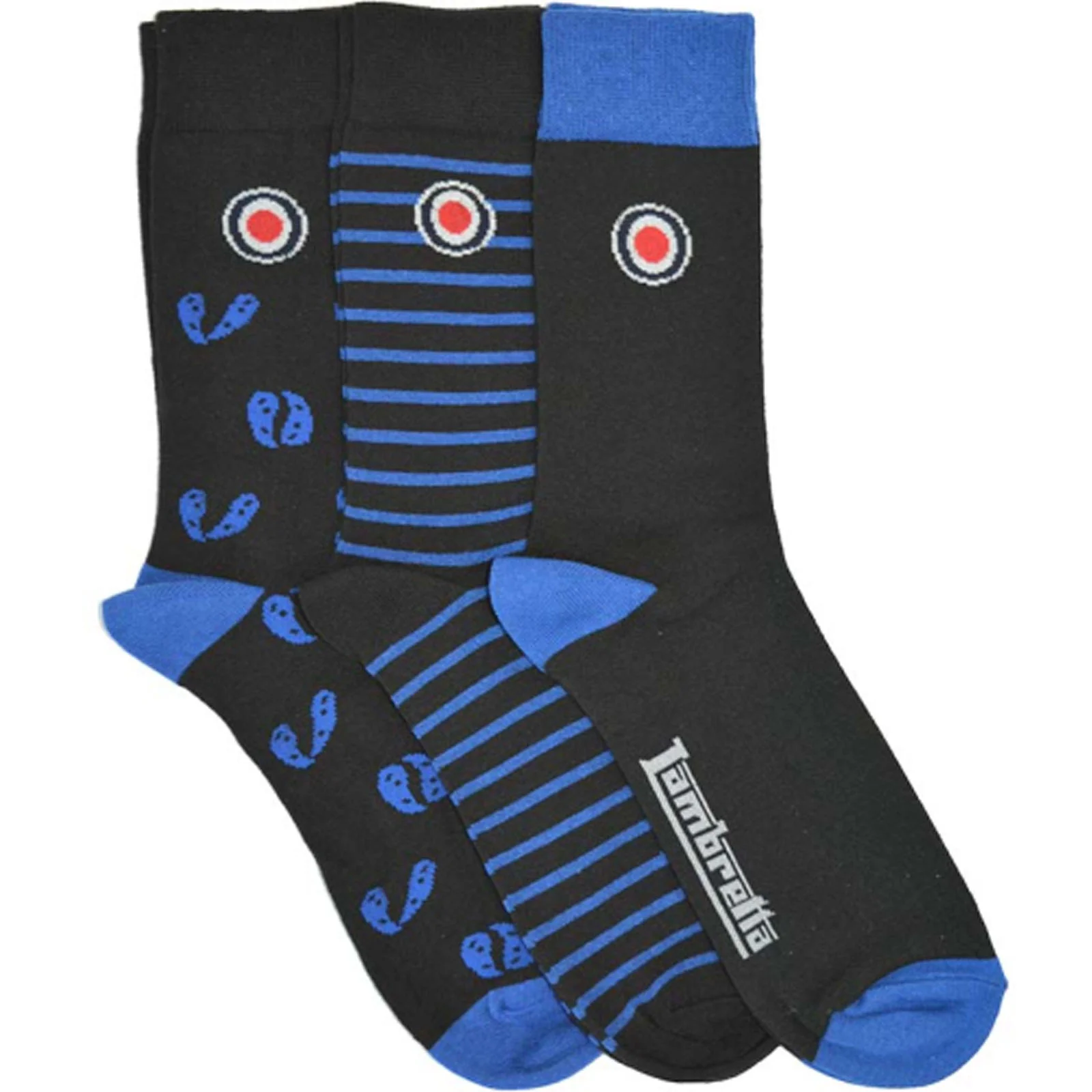 Lambretta Mens 3 Pack Paisley Striped Crew Length Cotton Socks - Blue - 6-11 UK