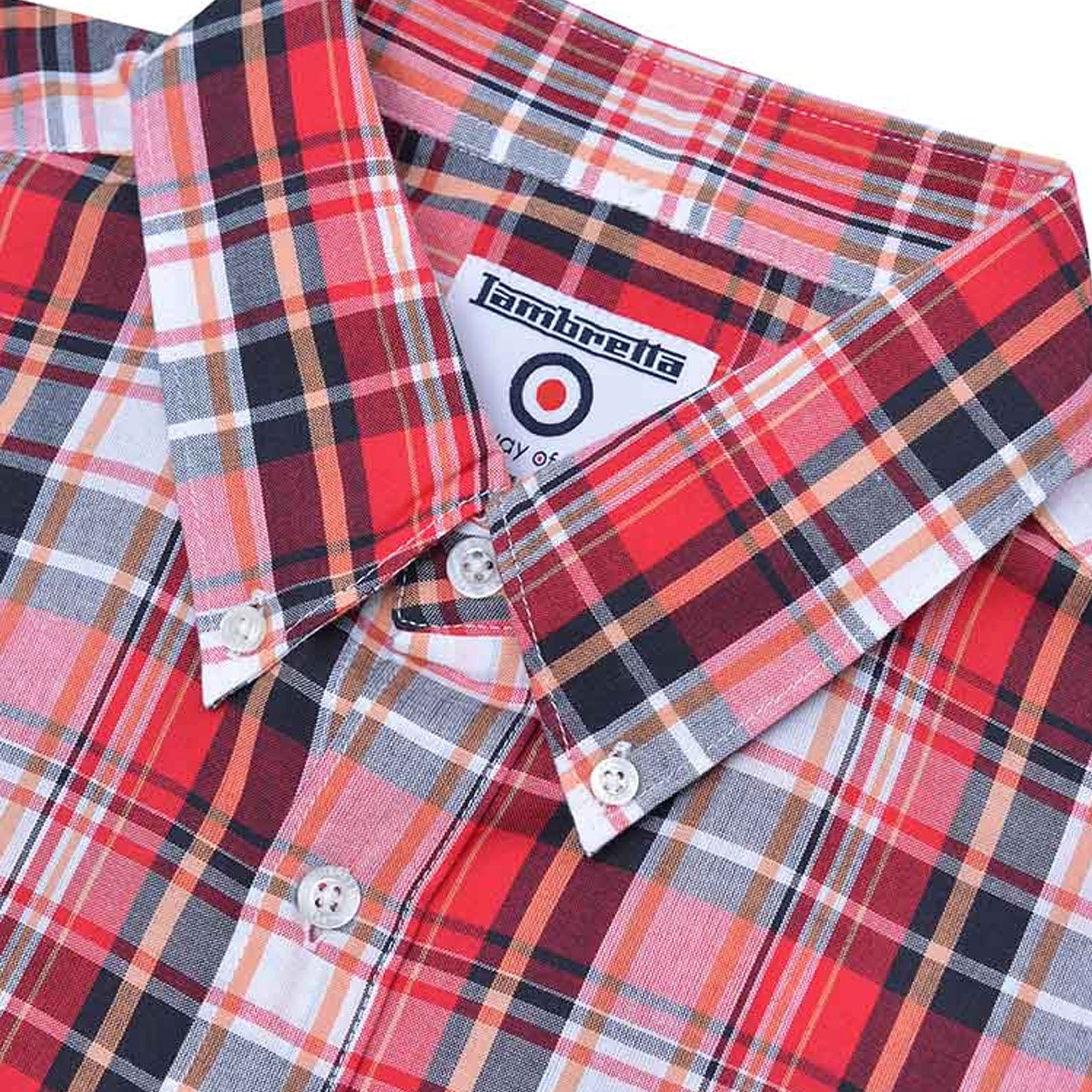 Lambretta Mens Multi Check Short Sleeve Button Down Collar Shirt - Red/White - Image 3