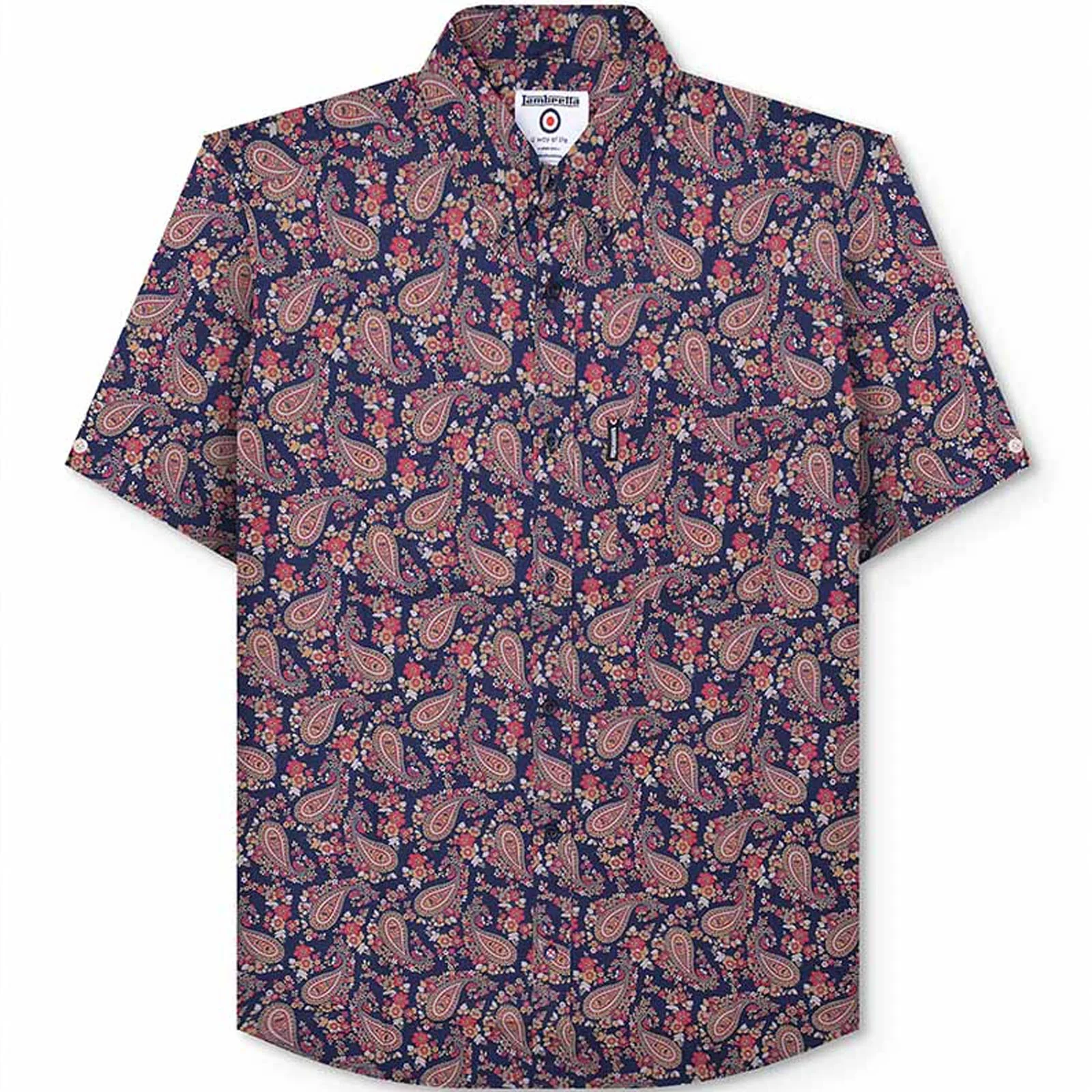 Lambretta Mens Paisley Short Sleeve Button Down Collar Cotton Shirt - Navy