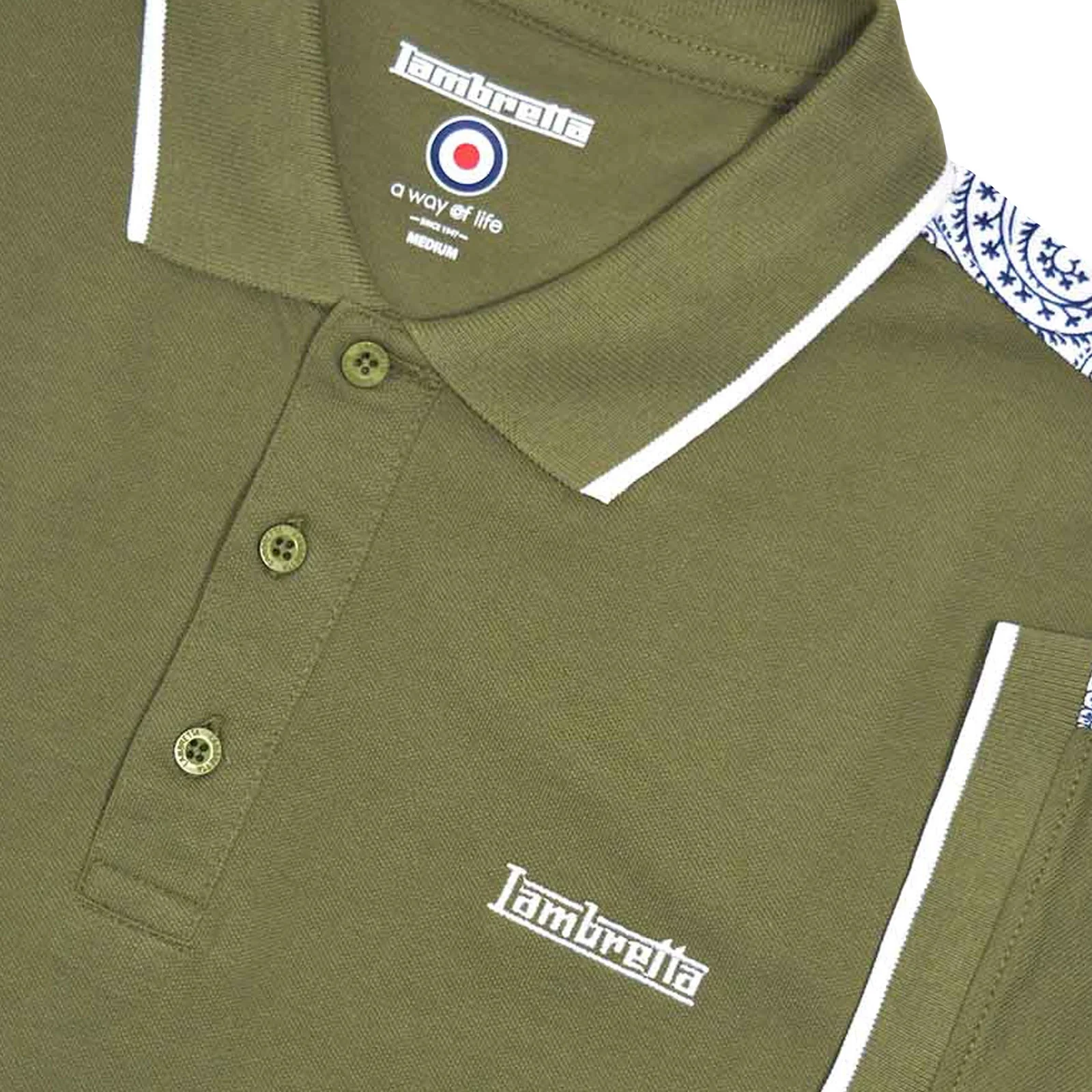 Lambretta Mens Paisley Tipped Retro Polo Shirt - Lichen Green - Image 2