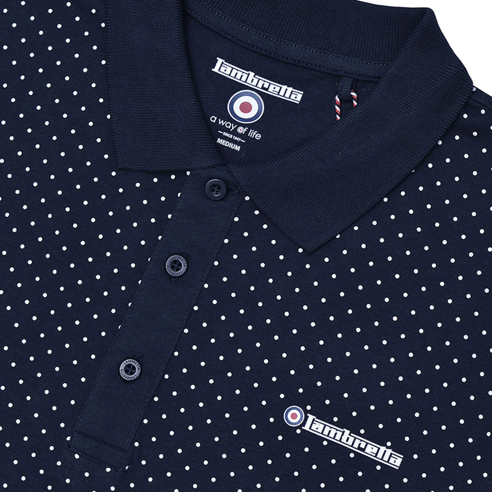 Lambretta Mens Polkadot Retro Short Sleeve Polo Shirt - Navy - Image 3