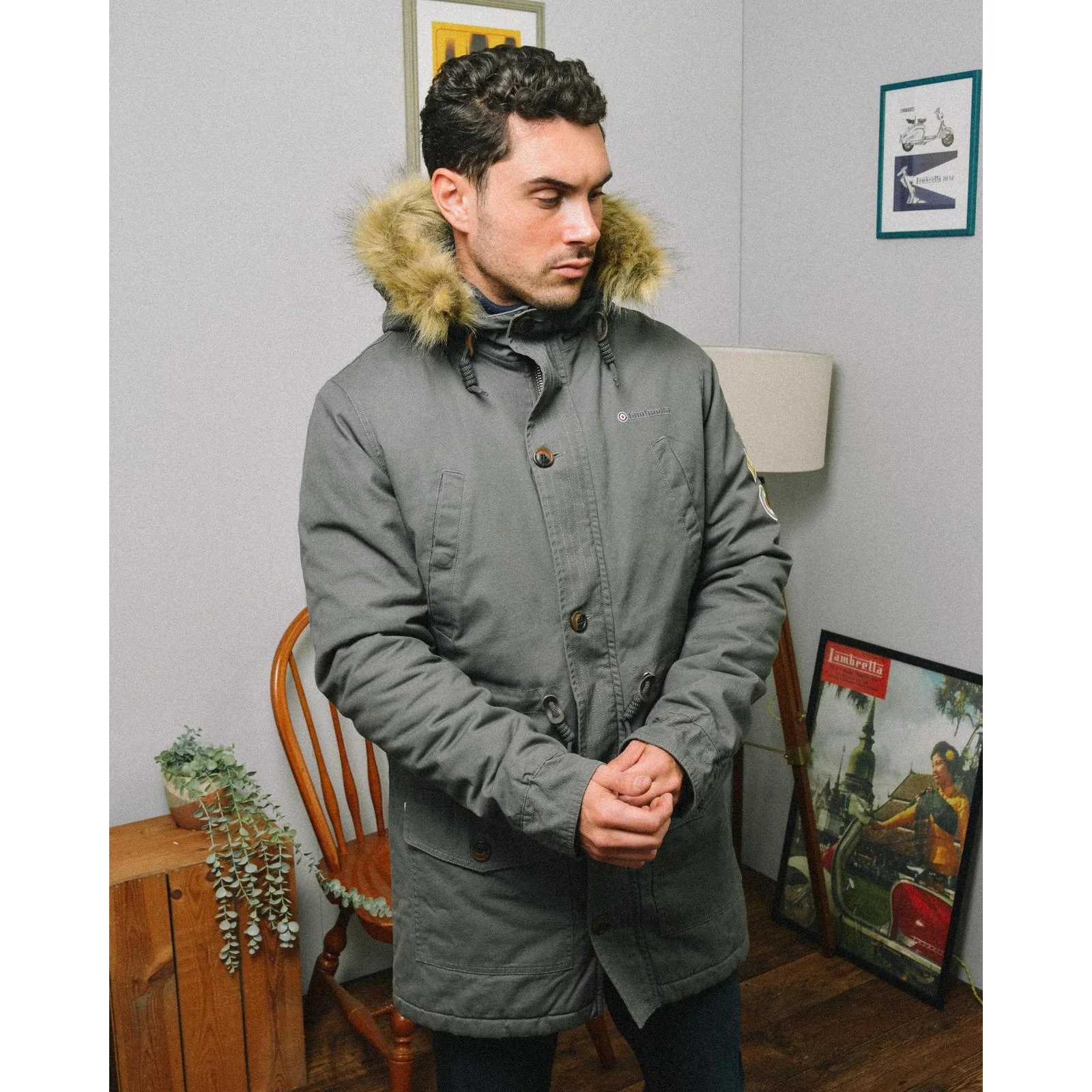 Lambretta Sherpa Lined Faux Fur Hooded Parka Jacket - Granite - Image 8