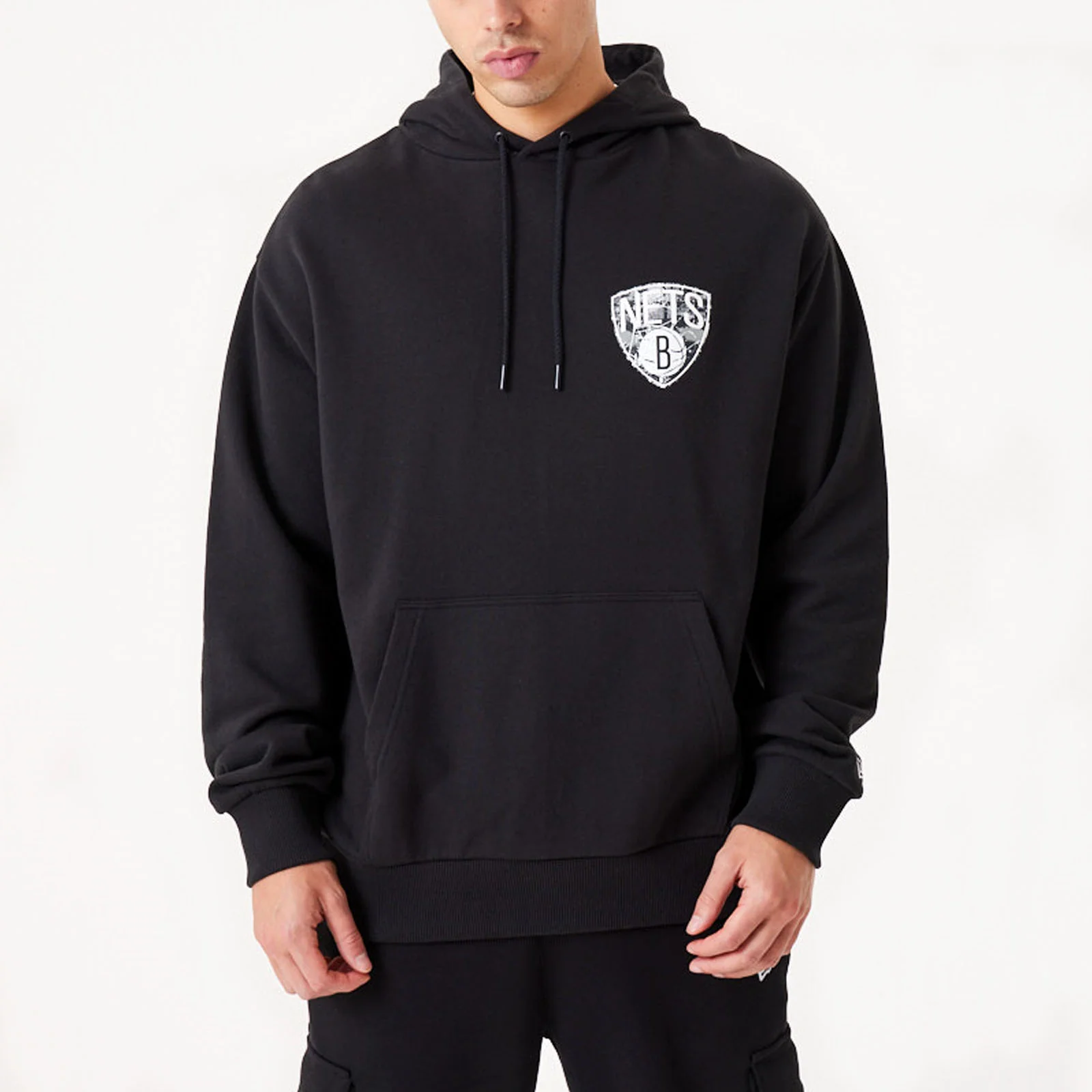 New Era Mens Brooklyn Nets Infill Team Logo Pullover Oversized Hoodie - Black - Image 2